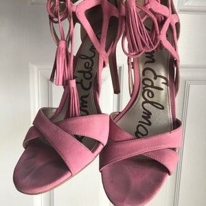 Pink Suede Tassled Lace-up Sandals